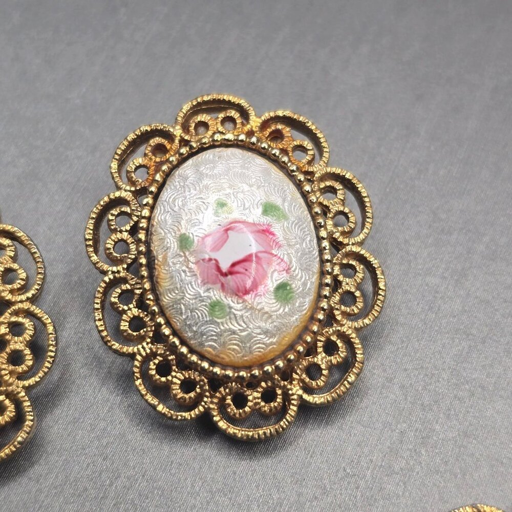 VTG Coro Rose Guilloche Bracelet & Clip-On Earrings Set Gold Tone Filigree - Picture 4 of 12